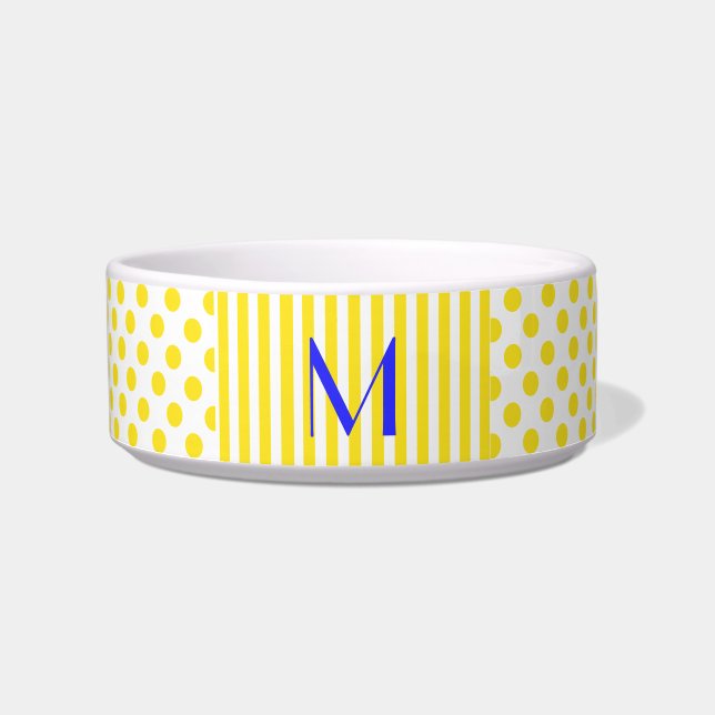 Gele poka Dots and Stripes Monogrammed Pet Bowl Voerbakje (Voorkant)