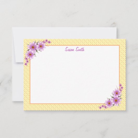 Gele Polka Dot en Bloemen Flat Notitiekaartje (Voorkant)