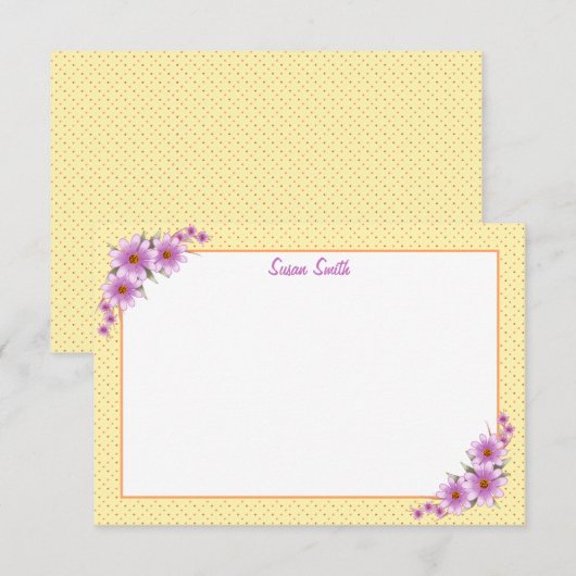 Gele Polka Dot en Bloemen Flat Notitiekaartje (Voorkant / Achterkant)