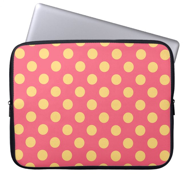 Gele polka-punten op koraal laptop sleeve (Voorkant)