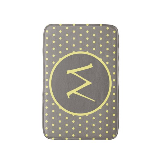 Gele polka-stippen monogrammed grijs badmat (Voorkant Verticaal)