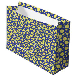 Gele polka stippen op blauw groot cadeauzakje