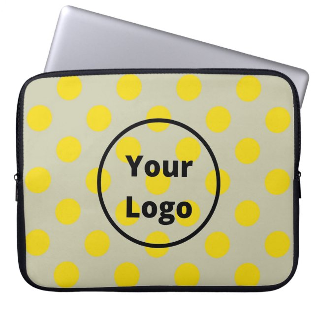 Gele polka-stippen op bruin laptop sleeve (Voorkant)