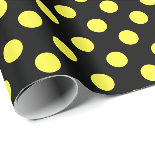Gele polka-stippen op zwarte achtergrond cadeaupapier (Rol Hoek)