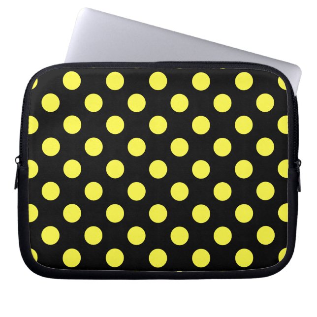 Gele polka-stippen op zwarte achtergrond laptop sleeve (Voorkant)