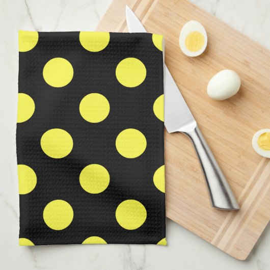 Gele polka-stippen op zwarte achtergrond theedoek (Quarter Fold)