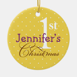 Gele polka stipt paarse naam baby eerste vakantie keramisch ornament