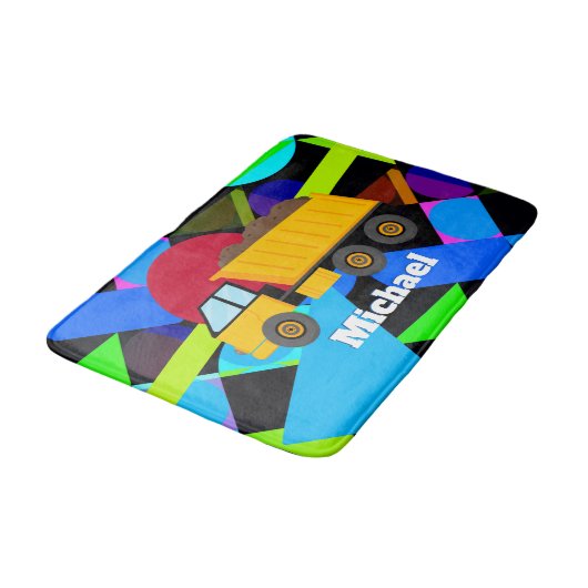 Gele pomp, kleurrijke geometrische vormen, naam badmat (Gekanteld)