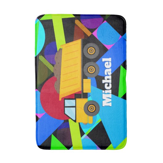 Gele pomp, kleurrijke geometrische vormen, naam badmat (Voorkant Verticaal)