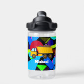 Gele pomp, kleurrijke geometrische vormen, naam waterfles (Achterkant)