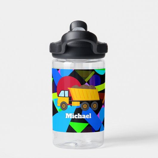 Gele pomp, kleurrijke geometrische vormen, naam waterfles (Achterkant)