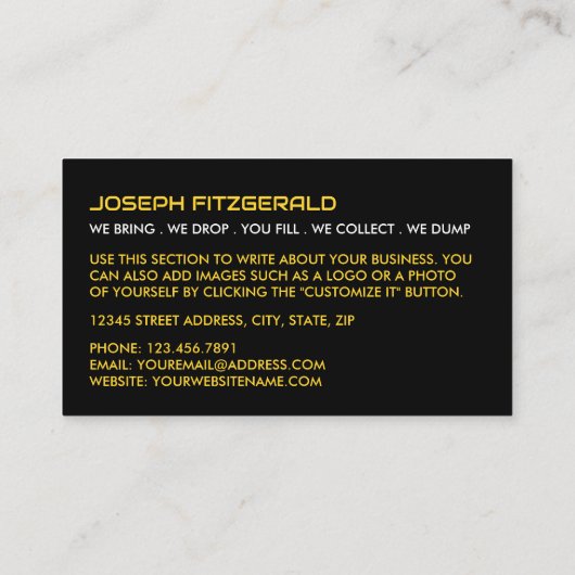 Gele pomp, Skip/Dumpster Company Visitekaartje (Achterkant)