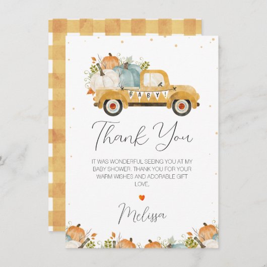 Gele pompoenwagen baby shower bedankkaart kaart (Voorkant / Achterkant)