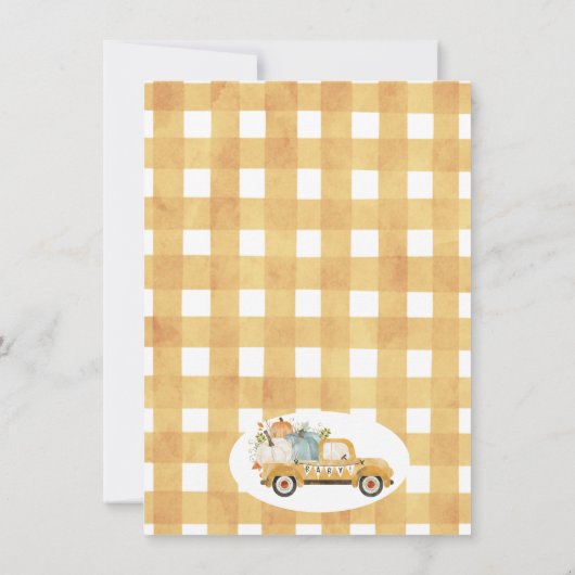 Gele pompoenwagen baby shower bedankkaart kaart (Achterkant)