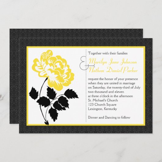 Gele pony op White met Charcoal Black Damask Kaart (Voorkant / Achterkant)