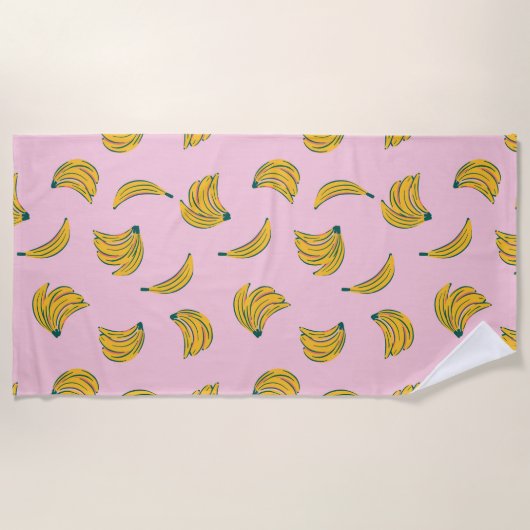Gele Pop Art Banaan Patroon op roze achtergrond Strandlaken (Voorkant)