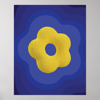 Gele pop bloem kunstposter in blauw  poster