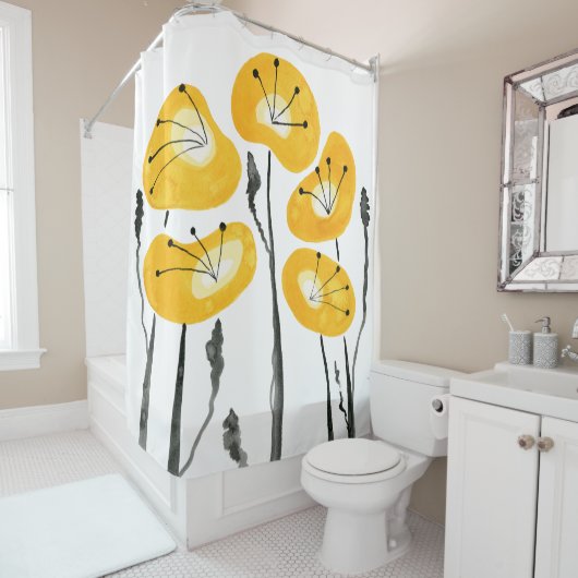 Gele Poppies Boho Moderne Badkamer Decor Douchegordijn (In situ)