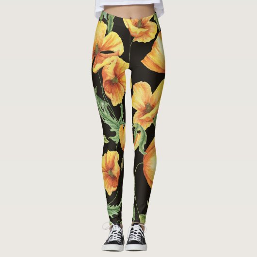 Gele Poppy Waterverf bloemenpatroon Leggings (Voorkant)