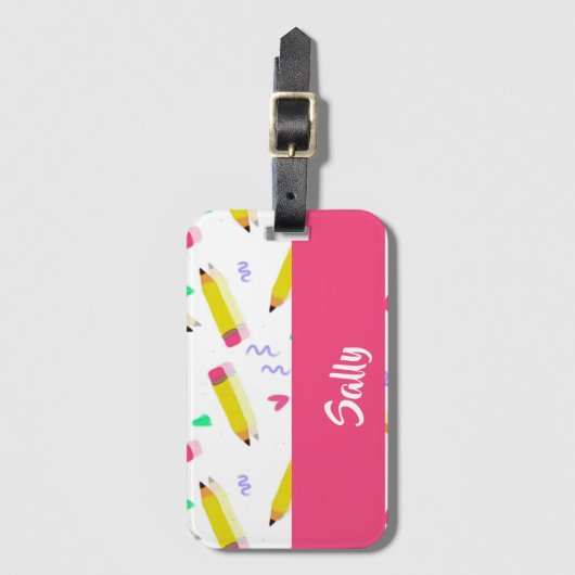 Gele potloden en schubbels op wit bagagelabel (Voorkant (verticaal))