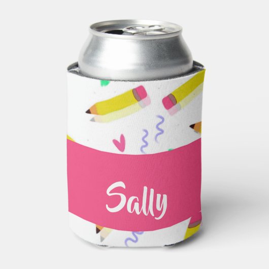 Gele potloden en schubbels op wit blikjeskoeler (Blikje Voorkant)