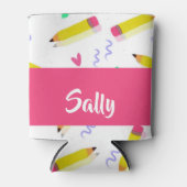 Gele potloden en schubbels op wit blikjeskoeler (Voorkant)