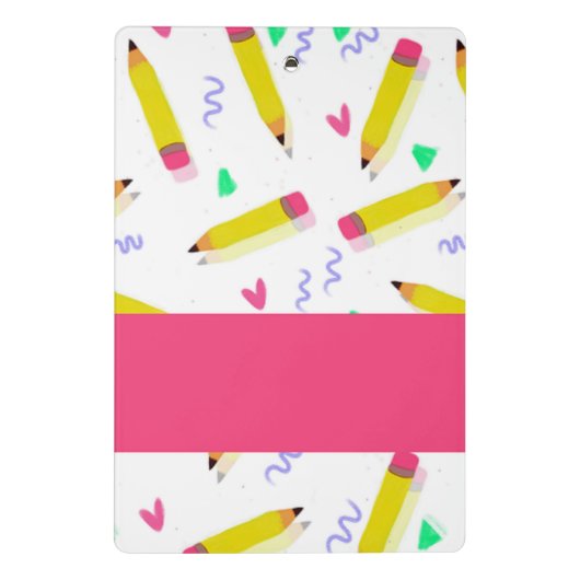 Gele potloden en schubbels op wit mini klembord (Achterkant)