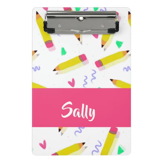 Gele potloden en schubbels op wit mini klembord (Voorkant)