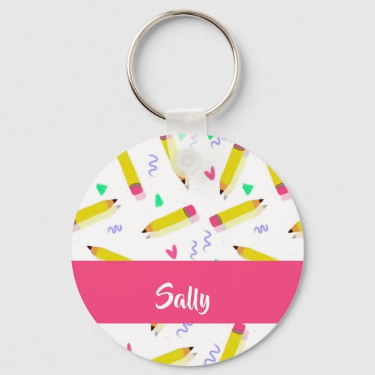 Gele potloden en schubbels op wit sleutelhanger (Voorkant)
