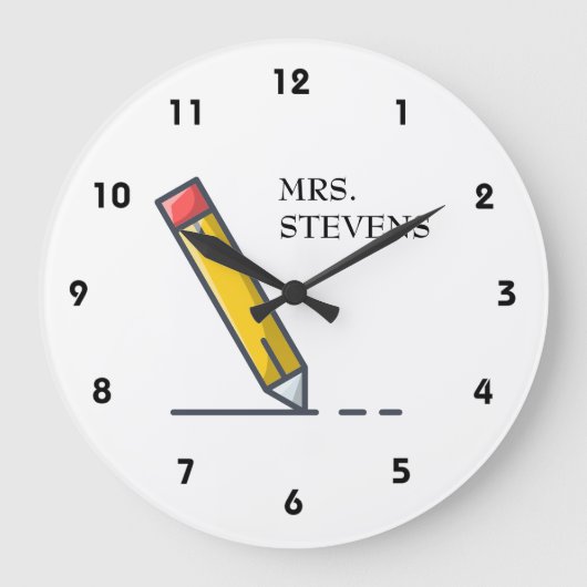 Gele potlood leraar naam grote klok (Voorkant)