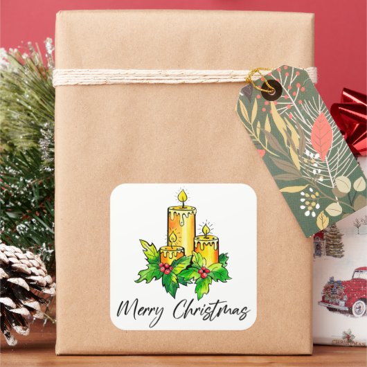 Gele prettige kerst en gelukkig nieuwjaar vierkante sticker (Feestdagen)
