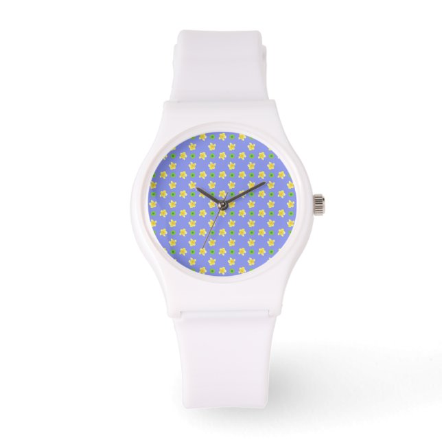 Gele primrozen, Groene Polkas op Violet Blue Horloge (Voorkant)