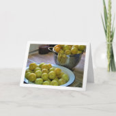 Gele pruimen in kom en vergiet kaart (Voorkant)