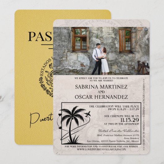 Gele Puerta Vallarta Passport bruiloft Kaart (Voorkant / Achterkant)