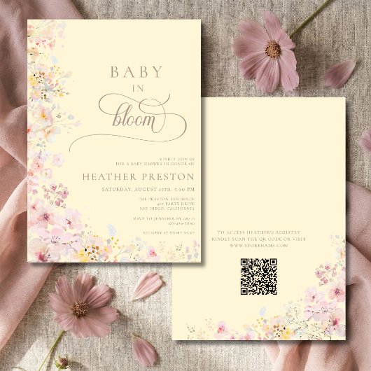 Gele QR-code baby shower voor wilde bloem Kaart