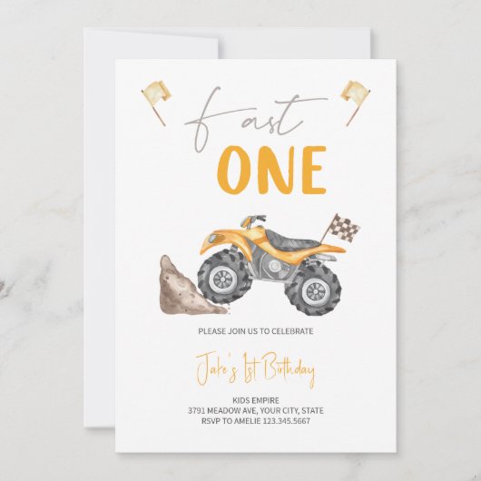 Gele Quad Bike 'Fast One' Uitnodiging voor verjaar (Voorkant)