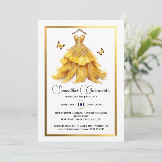 Gele Quinceañera balgons gouden vlinder elegant Kaart (Staand voorkant)