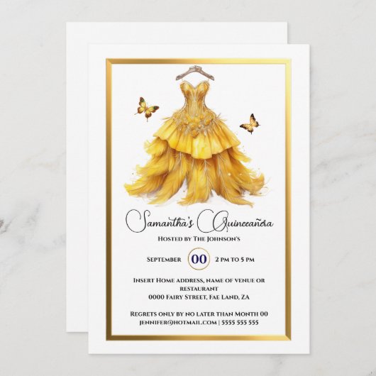 Gele Quinceañera balgons gouden vlinder elegant Kaart (Voorkant / Achterkant)