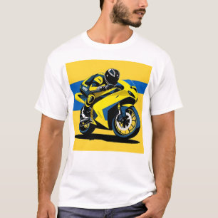 Gele race-motorfiets en berijder illustratie t-shirt