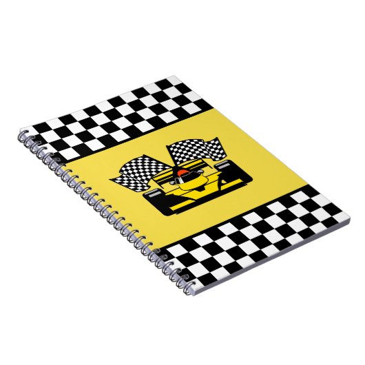 Gele raceauto: geruite vlag notitieboek (Rechterzijde)