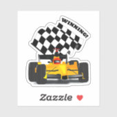 Gele Raceauto - Geruite Vlag Sport Sticker (Vel)