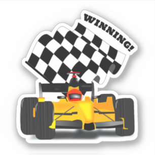 Gele Raceauto - Geruite Vlag Sport Sticker