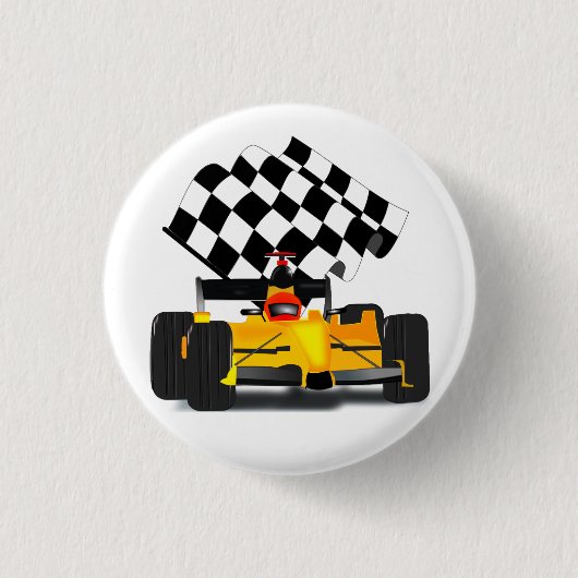 Gele Raceauto met Geruite Vlag Ronde Button 3,2 Cm (Voorkant)
