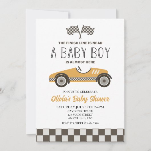 Gele raceautobaby shower kaart (Voorkant)