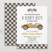 Gele raceautobaby shower kaart (Voorkant / Achterkant)