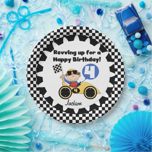 Gele raceauto's, vierde verjaardag, Bord (Feest)