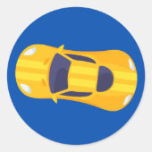 Gele Racing Auto Racetrack Baby Jongen Toewijding Ronde Sticker (Voorkant)