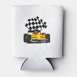 Gele rasauto met gecheckte vlag blikjeskoeler