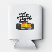 Gele rasauto met gecheckte vlag blikjeskoeler (Achterkant)