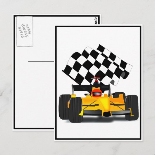 Gele rasauto met gecheckte vlag briefkaart (Voorkant / Achterkant)